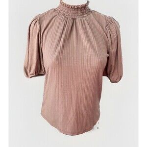 Womens Tan Ribbed Mock Neck Blouse Shirt Size M Stretchy Nude